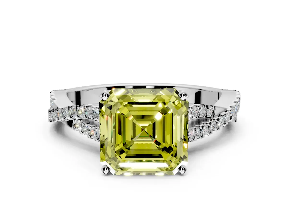Solitaire Engagement Ring Setting for Fancy Yellow Asscher Cut Center with Twisted Pave Split Shank and Prong Head in Sterling Silver