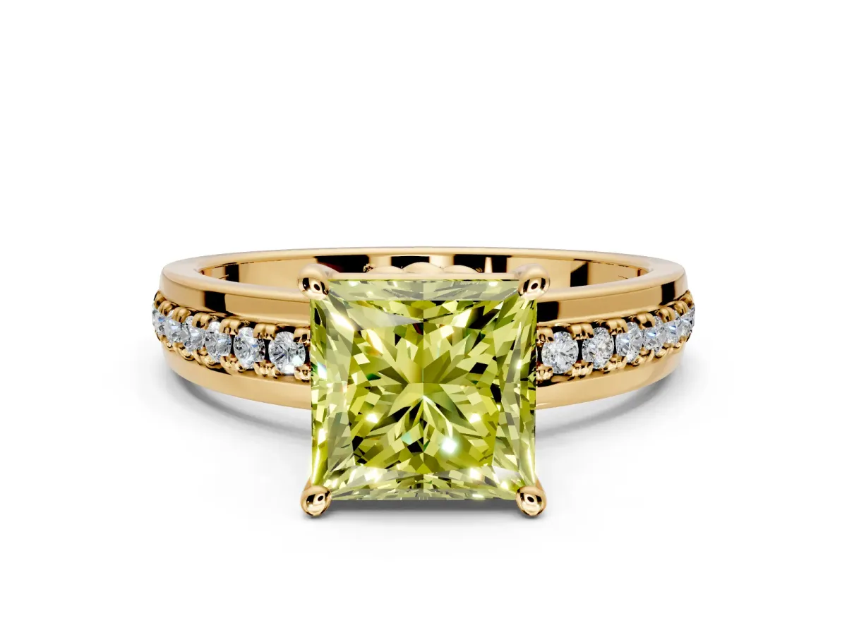 Solitaire Engagement Ring Setting for Fancy Yellow Princess Cut Center with Raised Channel Band and Prong Head in Yellow Gold