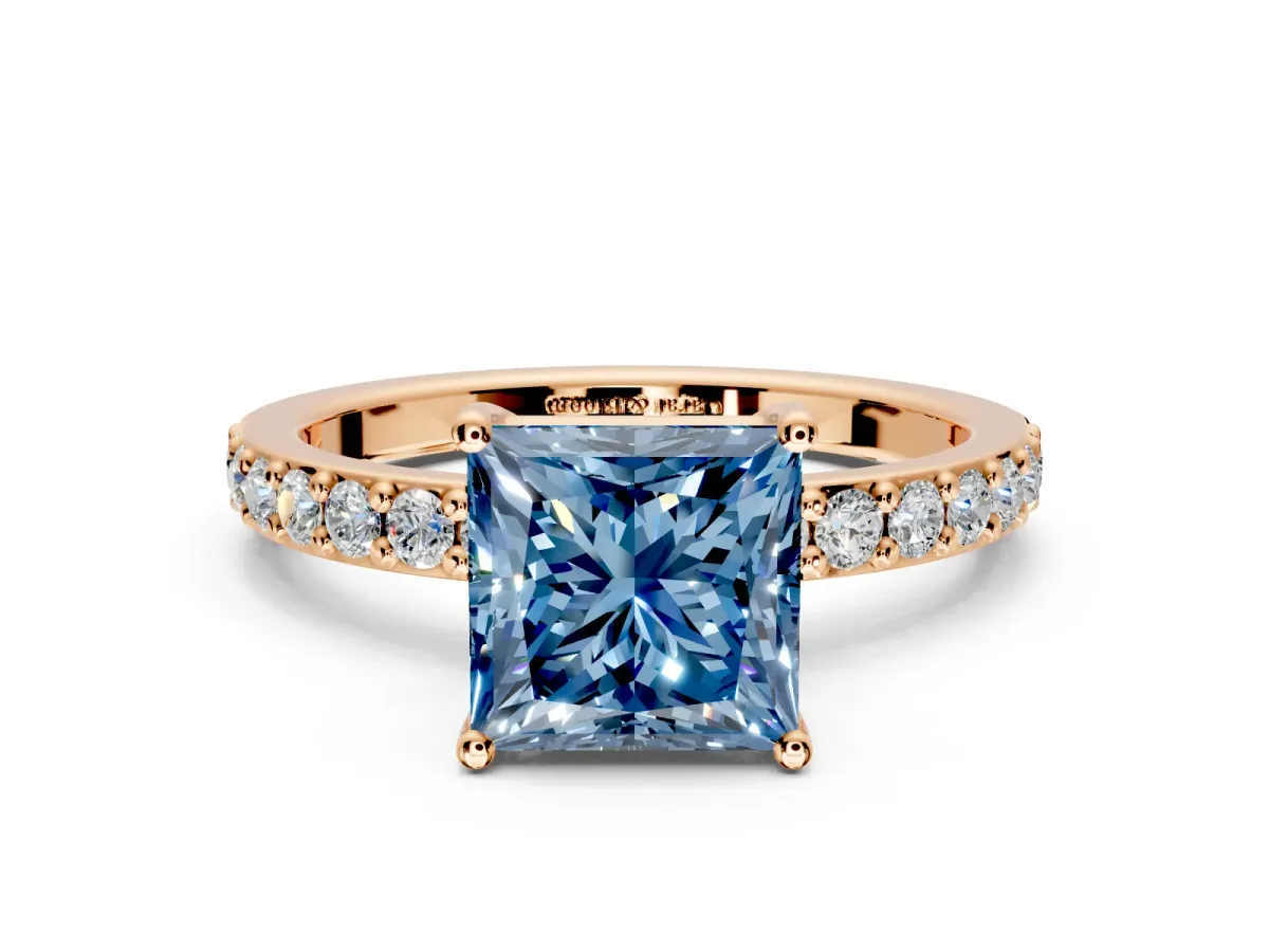 Solitaire Engagement Ring Setting for Fancy Blue Princess Cut Center with Round Cut Pave Band and Prong Head in Rose Gold