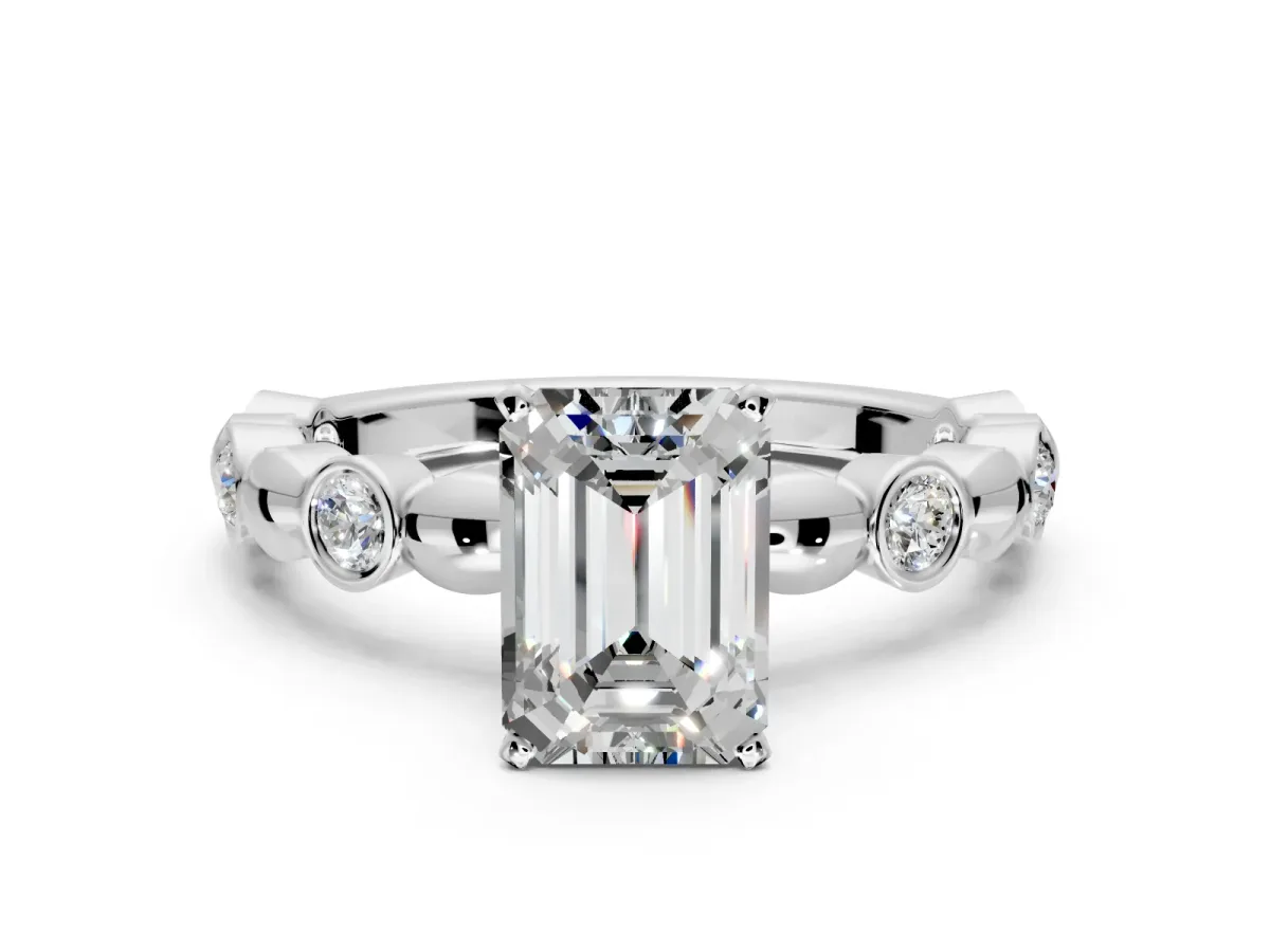 Solitaire Engagement Ring Setting for Emerald Cut Center with Beaded Bezel Station Band and Prong Head in White Gold