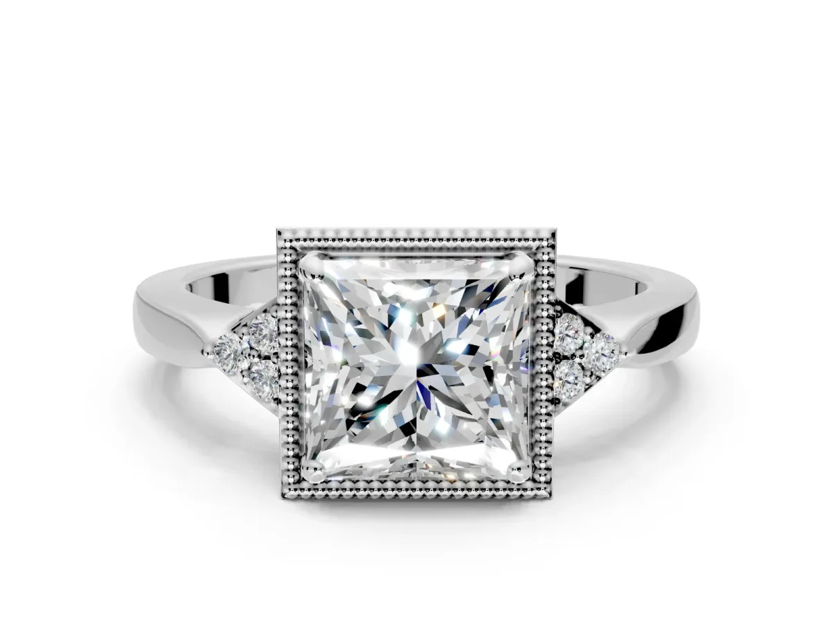 Cluster Engagement Ring Setting for Princess Cut Center with Milgrain Shoulder Clusters and Prong Head in White Gold