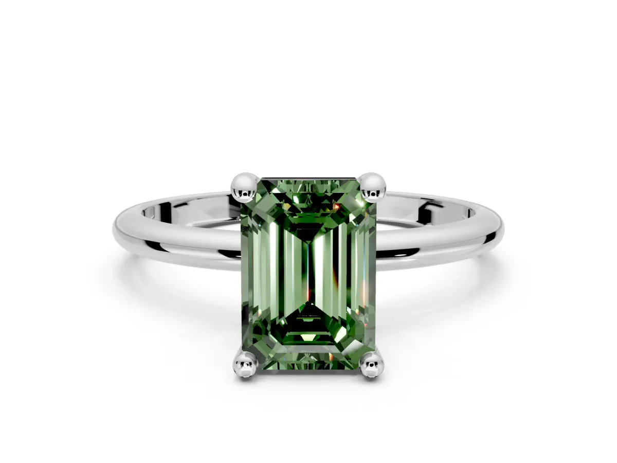 Minimalist Solitaire Engagement Ring Setting for Fancy Green Emerald Cut Center with Thin Band and Prong Head in Platinum