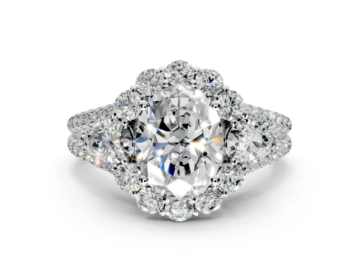 Halo Engagement Ring Setting for Oval Center with Two-Strand Split Shank and Prong Head in Platinum