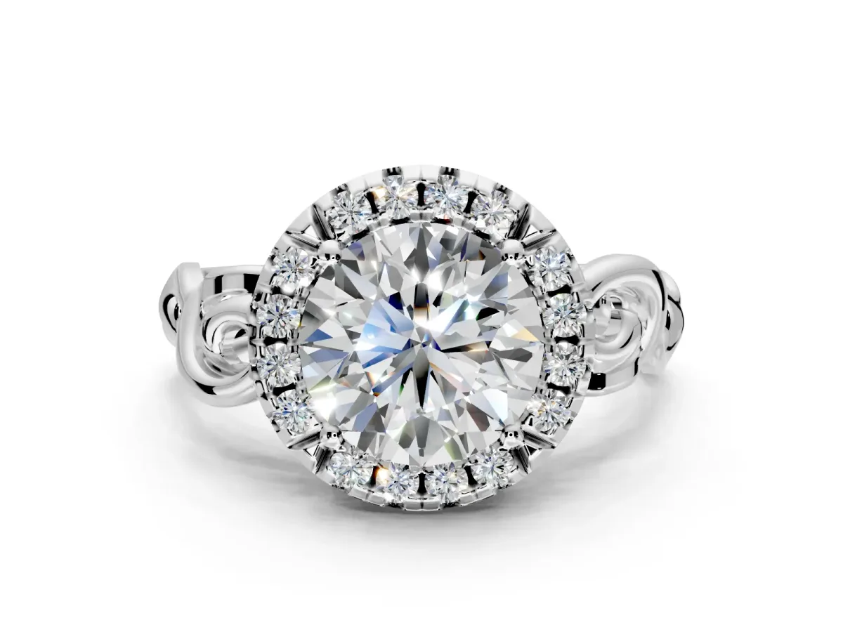 Halo Engagement Ring Setting for Round Cut Center with Open Scroll Shoulders and Prong Head in Platinum