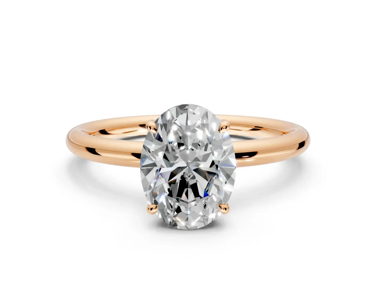 Hidden Halo Engagement Ring Setting for Oval Center with Thin Rounded Band and Prong Head in Rose Gold