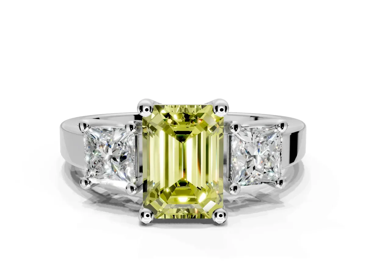 3 Stone Engagement Ring Setting for Fancy Yellow Emerald Cut Center with Matching Side Accents and Prong Head in Sterling Silver