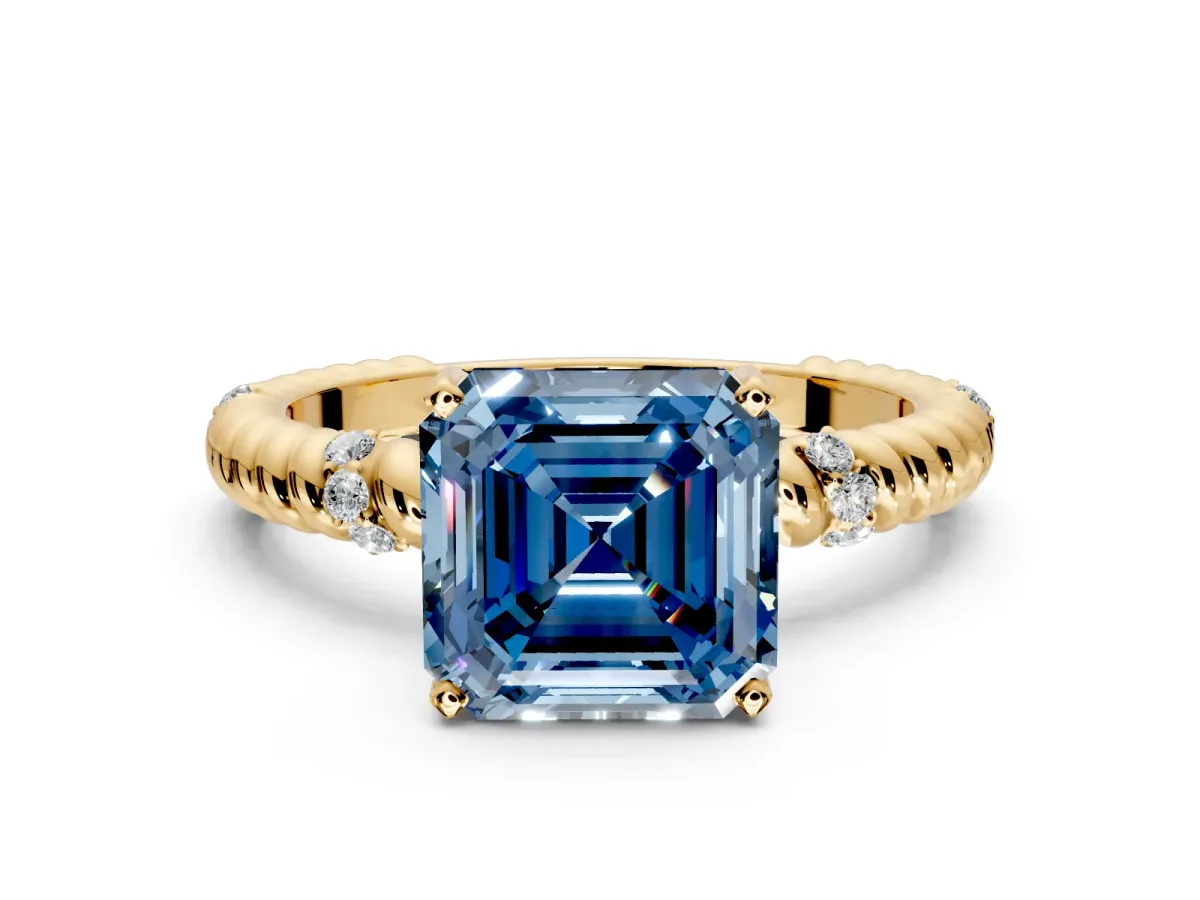 Rope Engagement Ring Setting for Fancy Blue Asscher Cut Center with Accent Shoulders and Prong Head in Yellow Gold