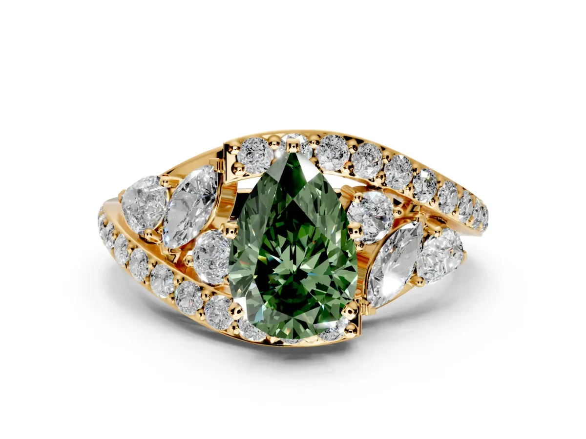 Halo Engagement Ring Setting for Fancy Green Pear-Shaped Center with Marquise and Pave Bypass Band and Prong Head in Yellow Gold