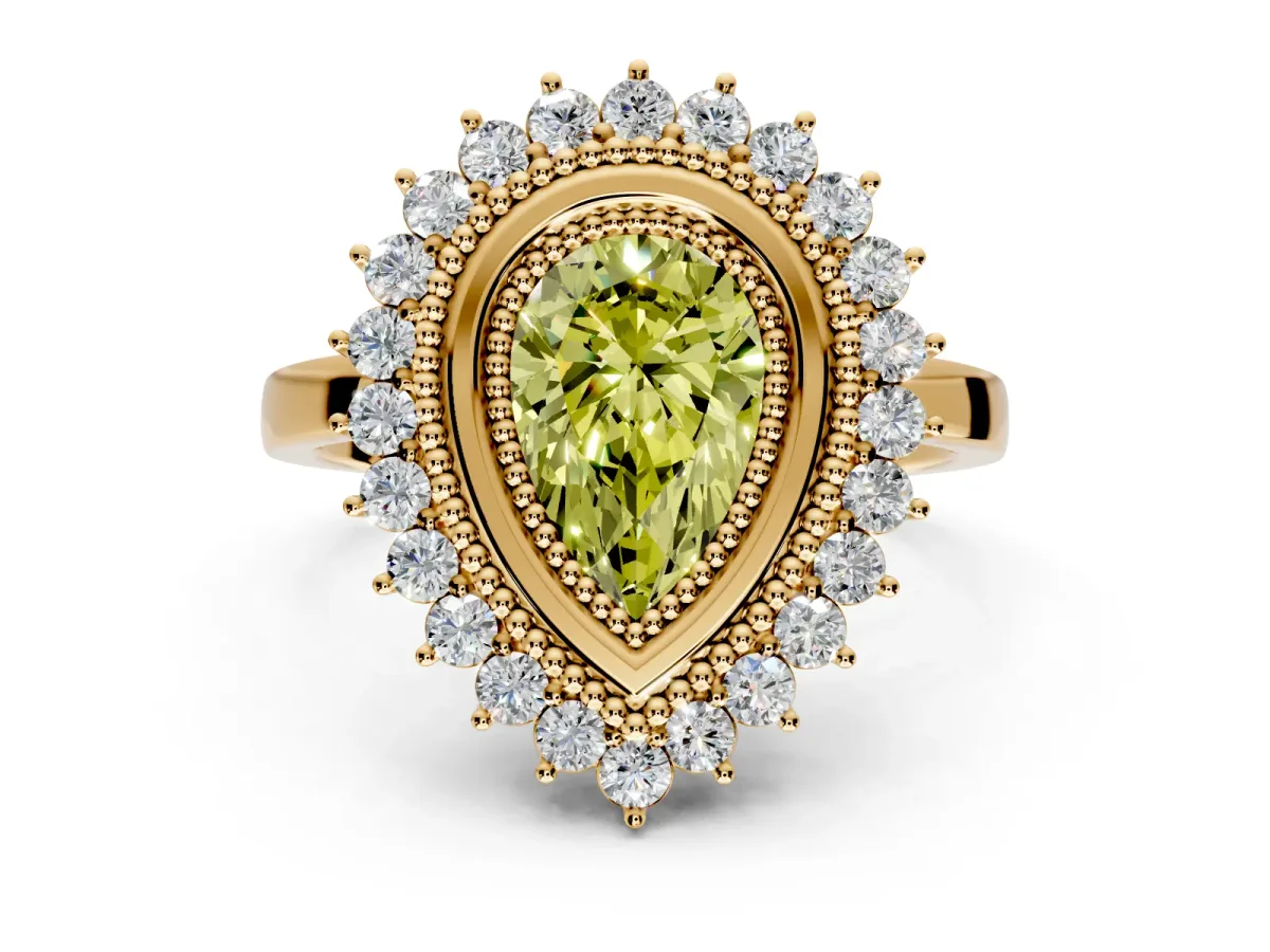 Halo Engagement Ring Setting for Fancy Yellow Pear-Shaped Center with Milgrain Bezel Rim, Plain Band and Prong Head in Yellow Gold