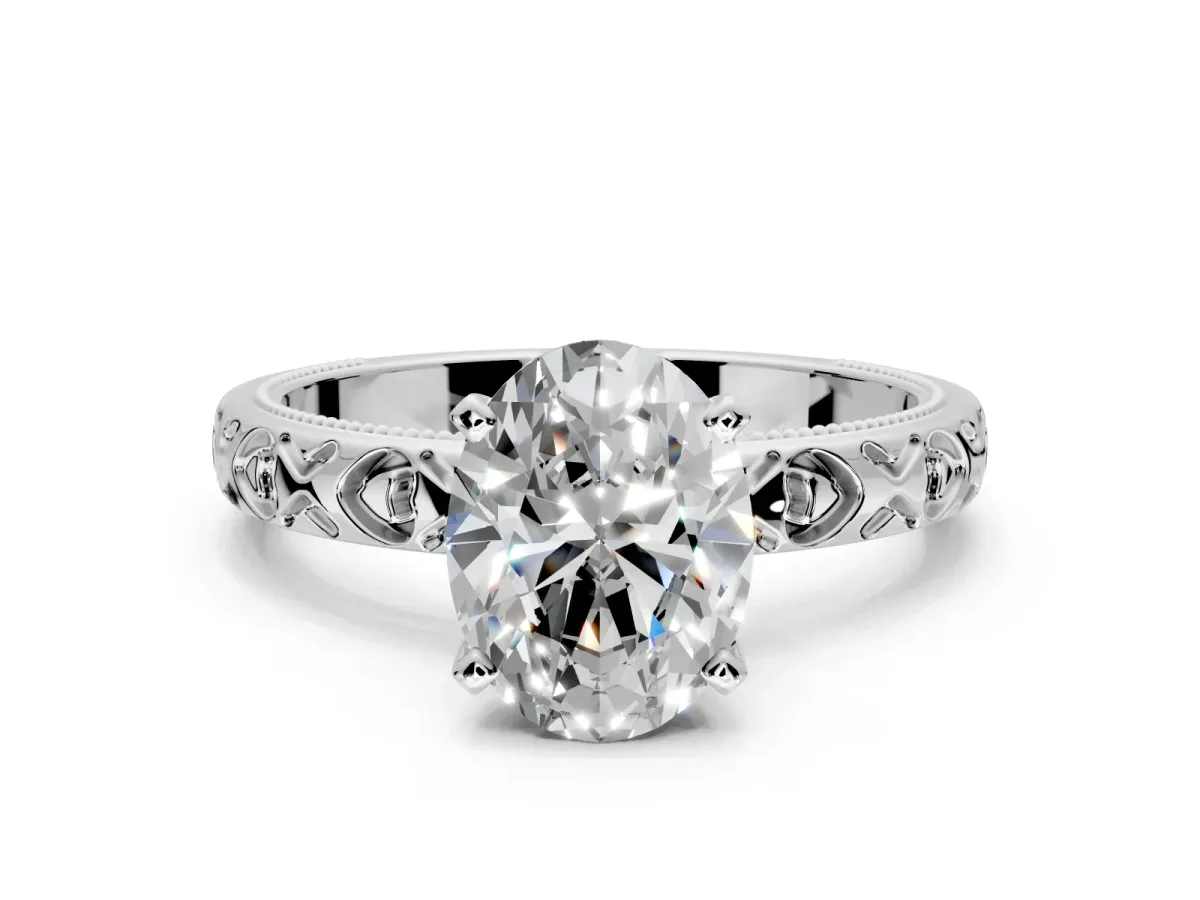 Solitaire Engagement Ring Setting for Oval Center with XO Engraved Band and Prong Head in Platinum