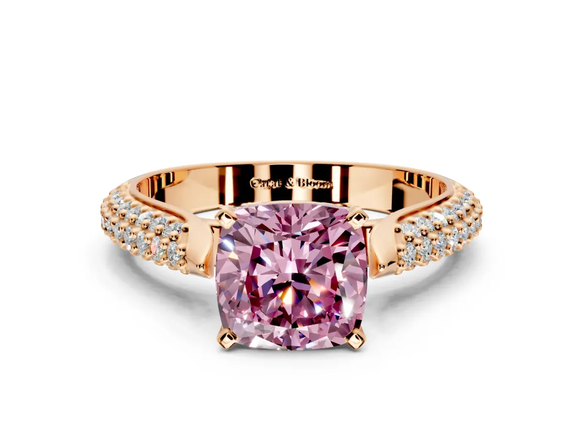 Solitaire Engagement Ring Setting for Fancy Pink Cushion Cut Center with Multi-Row Accents and Prong Head in Rose Gold