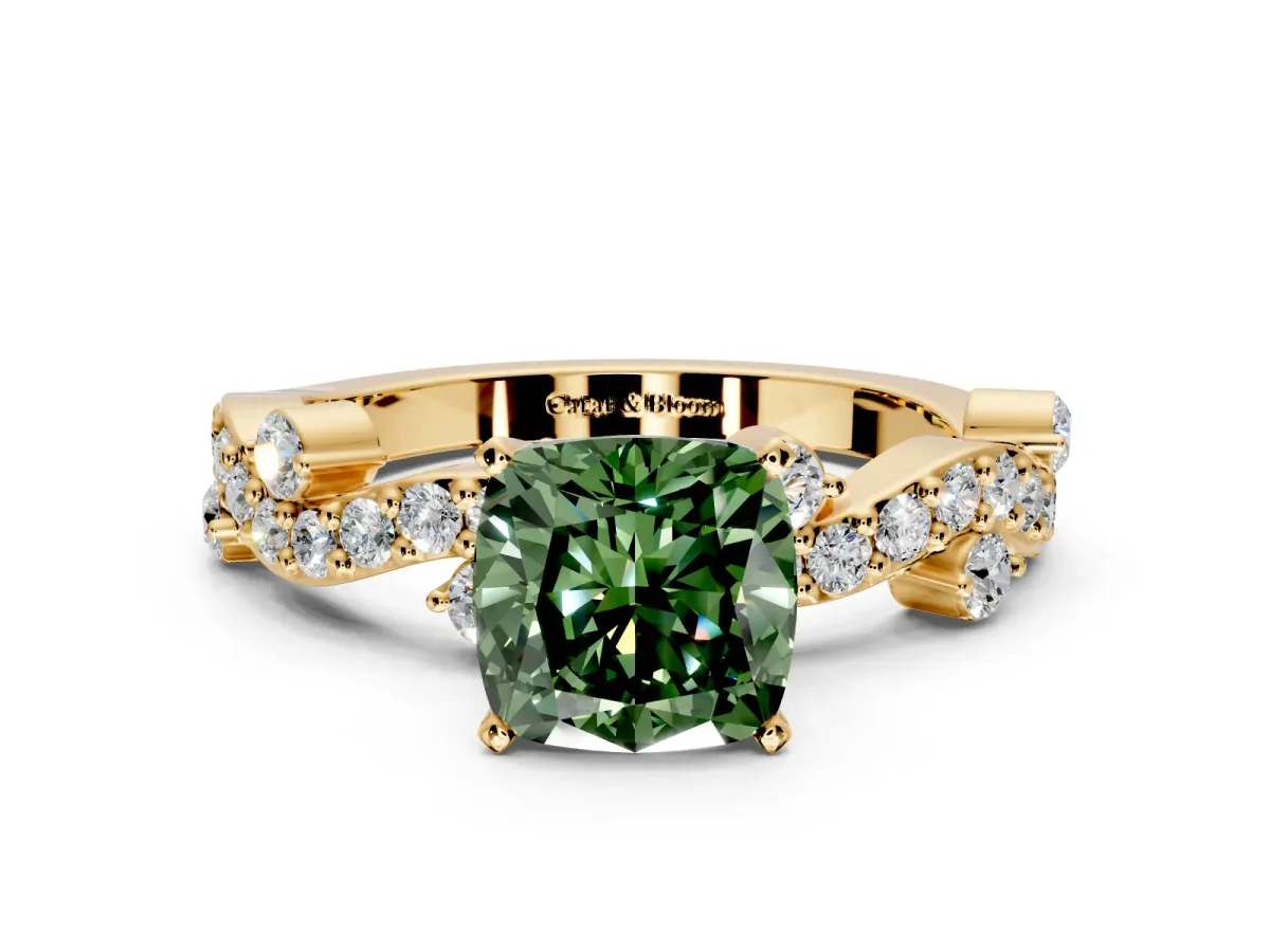 Solitaire Engagement Ring Setting for Fancy Green Cushion Cut Center with Bar-Station Pave Twist and Prong Head in Yellow Gold