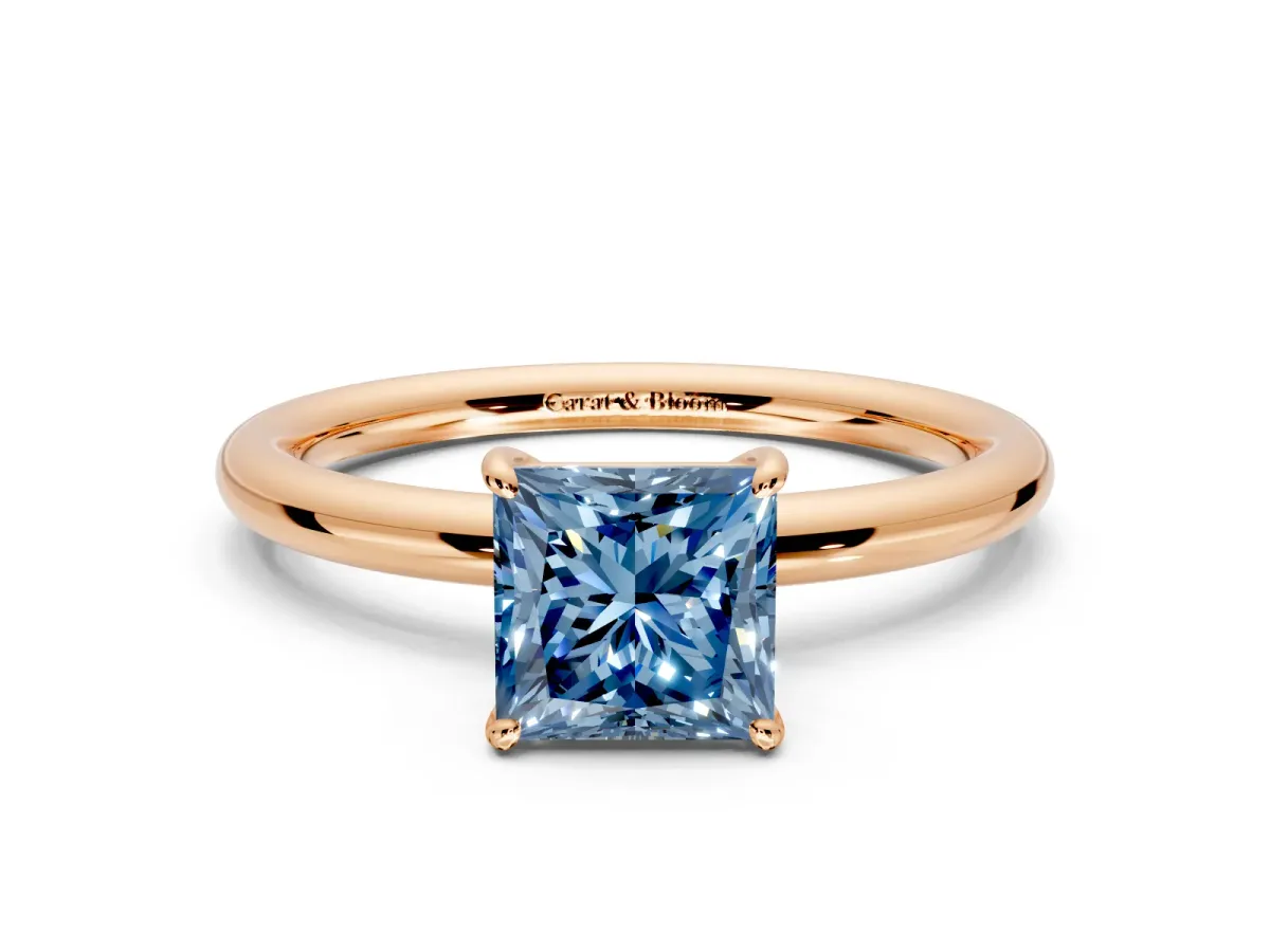 Low-Set Solitaire Engagement Ring Setting for Fancy Blue Princess Cut Center with Thin Plain Band and Prong Head in Rose Gold