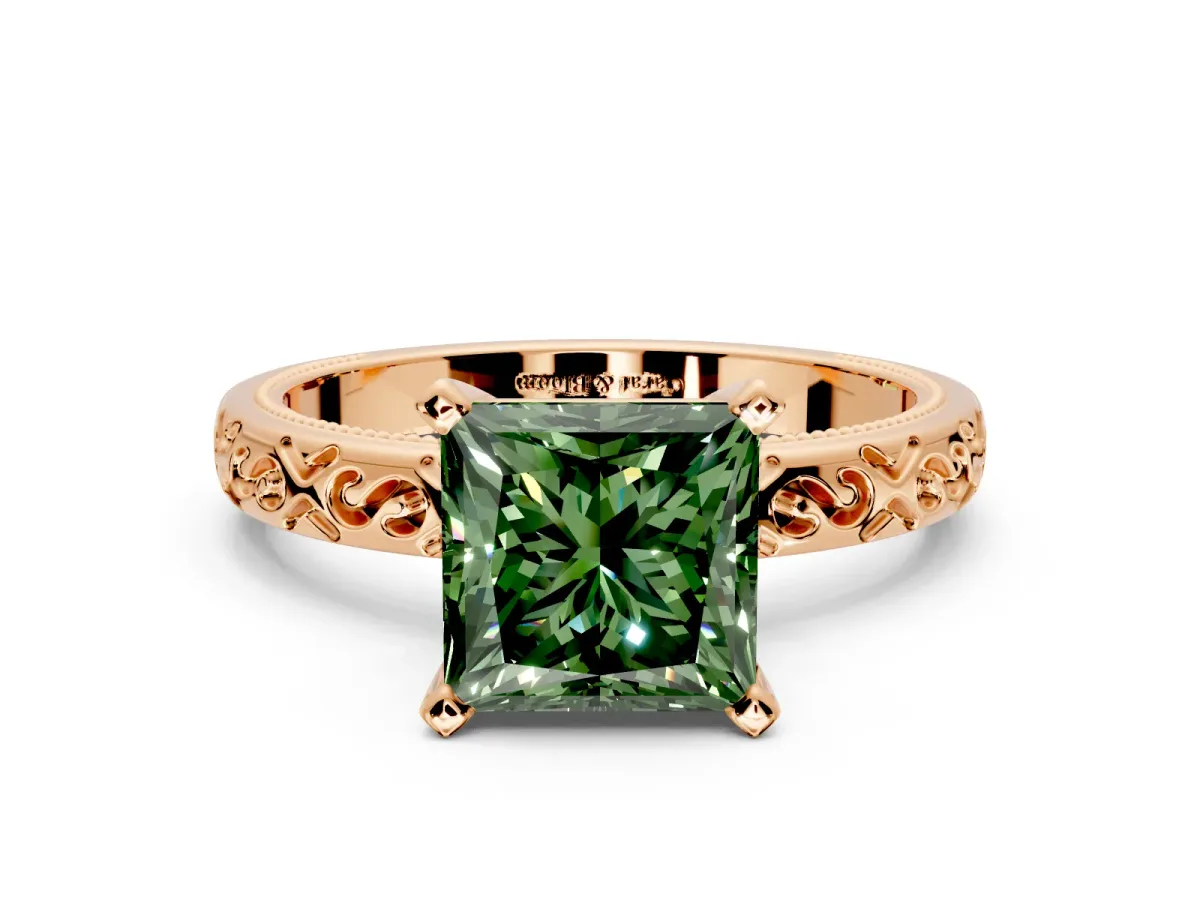 Solitaire Engagement Ring Setting for Fancy Green Princess Cut Center with Scrollwork Band and Prong Head in Rose Gold