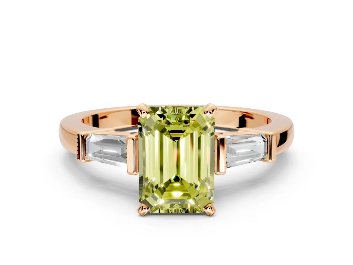 3 Stone Engagement Ring Setting for Fancy Yellow Emerald Cut Center with Channel Baguette Accents and Prong Head in Rose Gold