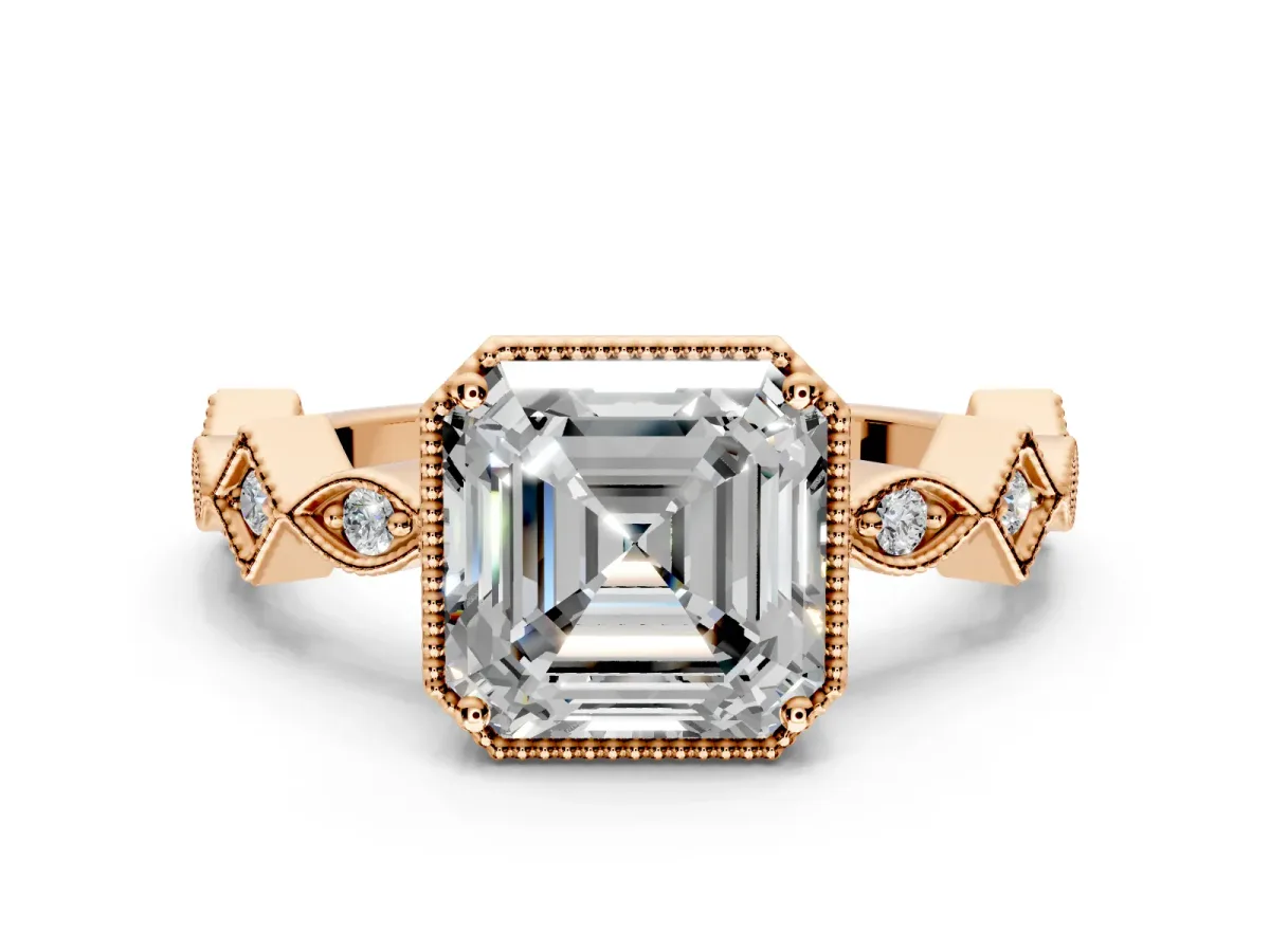 Milgrain Bezel Engagement Ring Setting for Asscher Cut Center with Marquise Stations and Bezel Head in Rose Gold