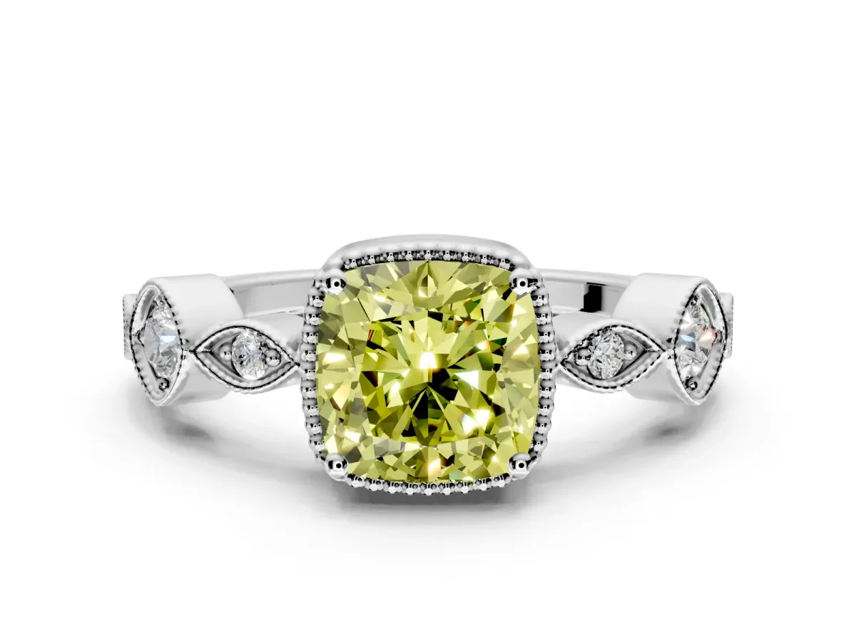 Vintage Station Engagement Ring Setting for Fancy Yellow Cushion Cut Center with Accents and Prong Head in Sterling Silver