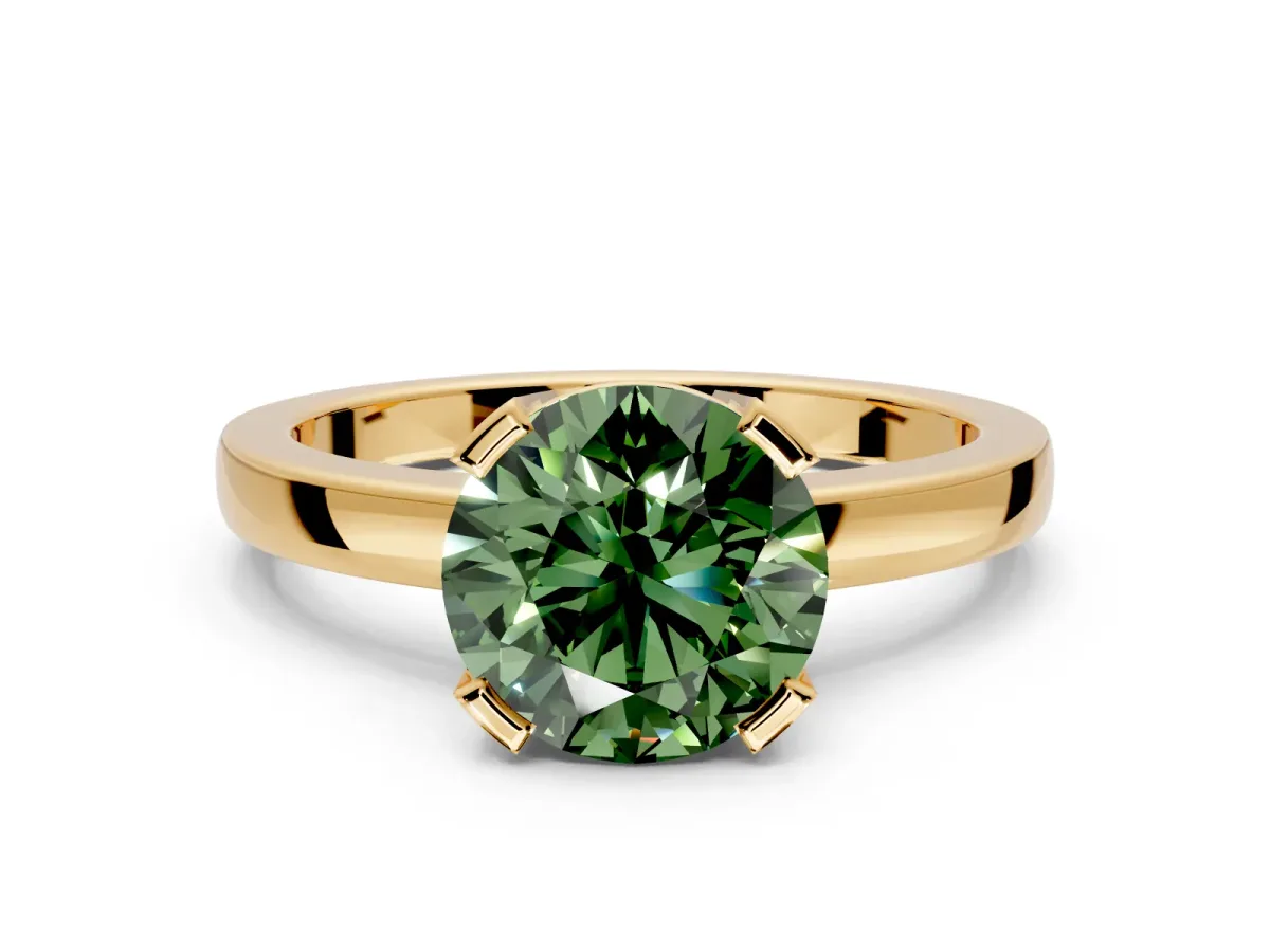 Solitaire Engagement Ring Setting for Fancy Green Round Cut Center with Plain Band and Flat Tab Prong Head in Yellow Gold
