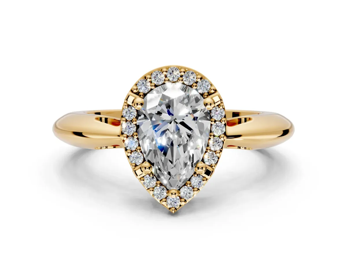 Halo Engagement Ring Setting for Pear-Shaped Center with Tapered Plain Band and Prong Head in Yellow Gold