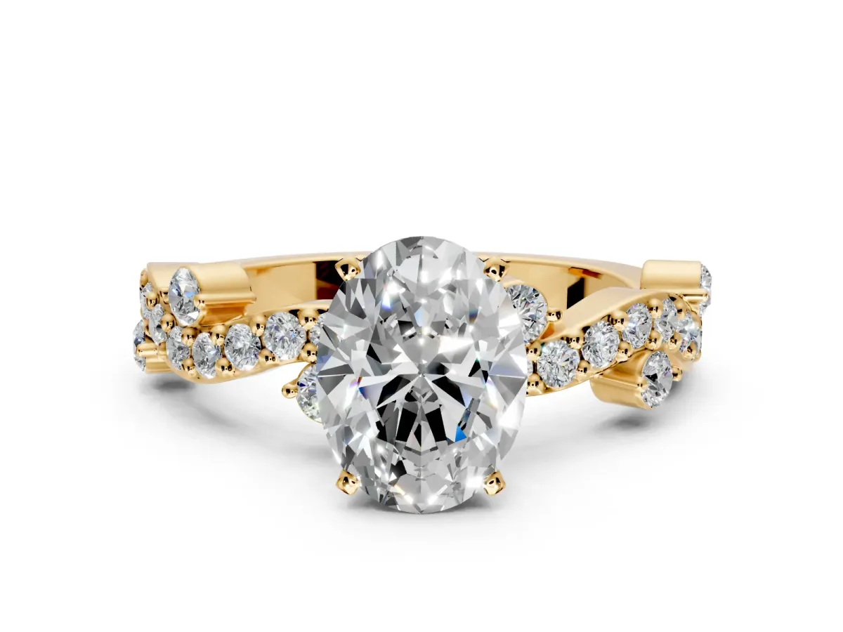 Solitaire Engagement Ring Setting for Oval Center with Bar-Station Pave Twist and Prong Head in Yellow Gold