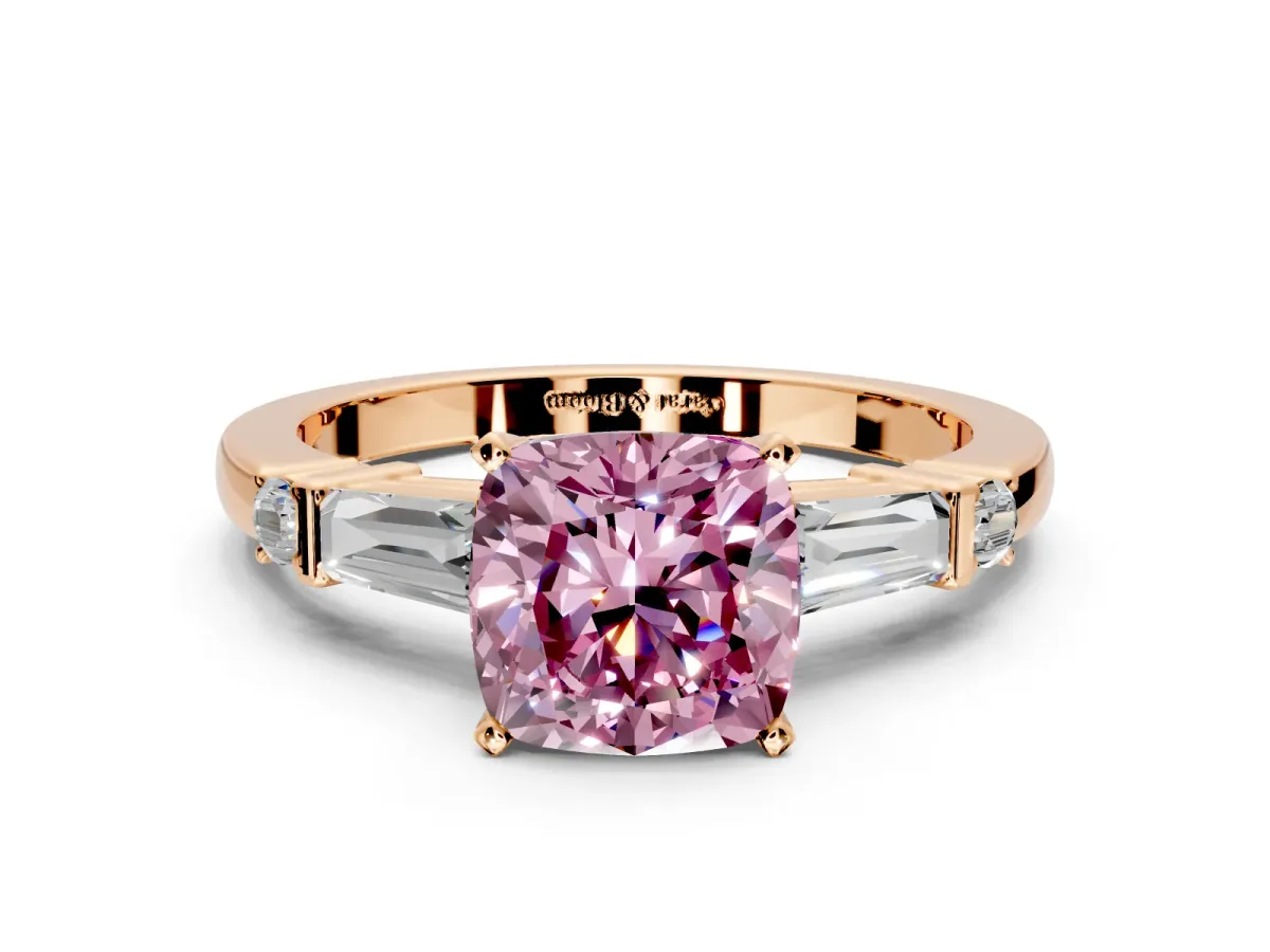 Bar-Set Engagement Ring Setting for Fancy Pink Cushion Cut Center with Tapered Baguette Accents and Prong Head in Rose Gold