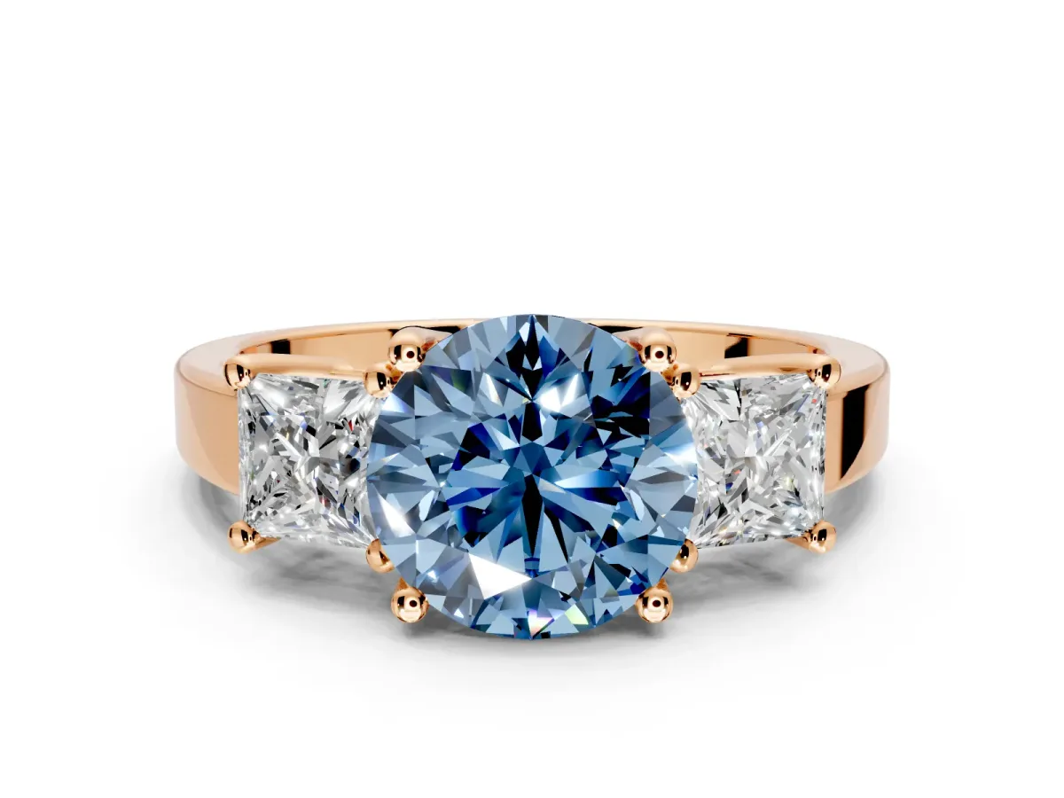 3 Stone Engagement Ring Setting for Fancy Blue Round Cut Center with Matching Side Accents and Prong Head in Rose Gold