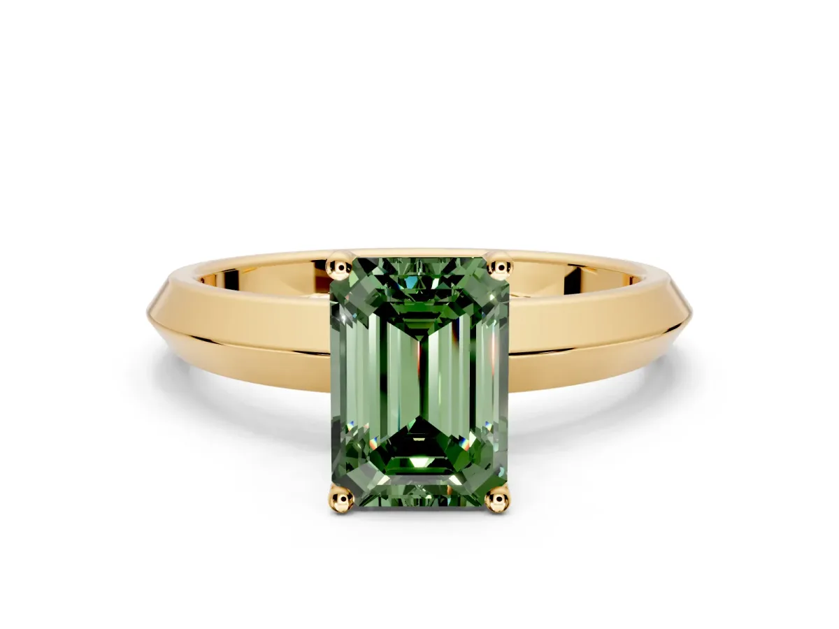 Solitaire Engagement Ring Setting for Fancy Green Emerald Cut Center with Wide Knife Ridge Band and Prong Head in Yellow Gold