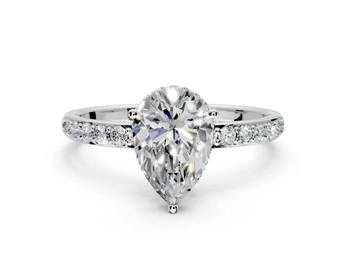Hidden Halo Engagement Ring Setting for Pear-Shaped Center with Pave Band and Prong Head in Platinum
