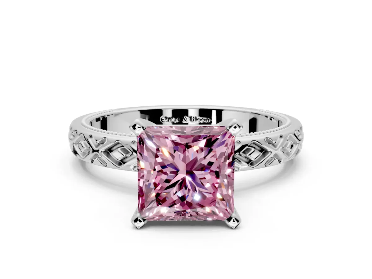 Solitaire Engagement Ring Setting for Fancy Pink Princess Cut Center with Milgrain X Pattern Band and Prong Head in Sterling Silver