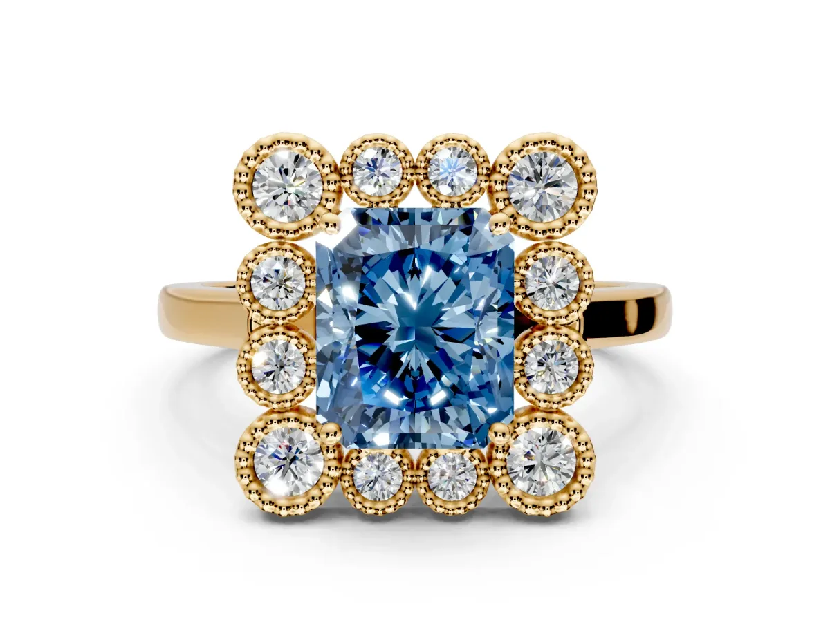 Cluster Halo Engagement Ring Setting for Fancy Blue Radiant Cut Center with Milgrain Bezel Accents and Prong Head in Yellow Gold
