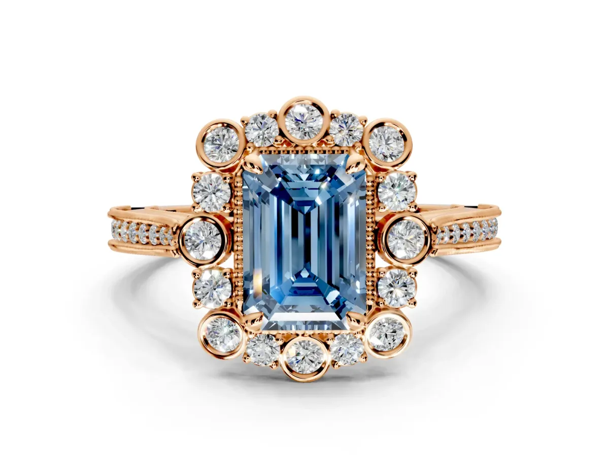 Milgrain Halo Engagement Ring Setting for Fancy Blue Emerald Cut Center with Bezel Point Accents and Prong Head in Rose Gold