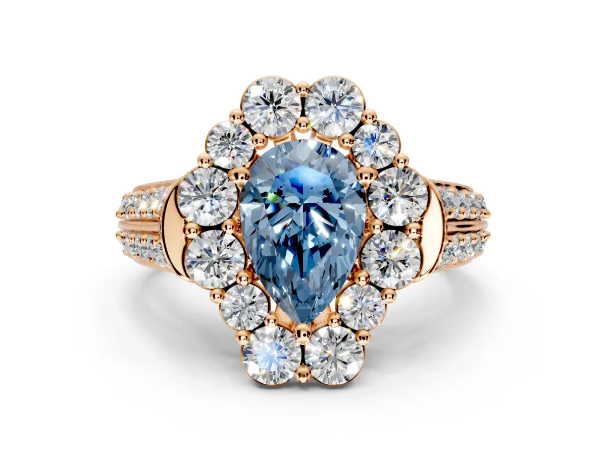 Large Accent Halo Engagement Ring Setting for Fancy Blue Pear-Shaped Center with Pave Split Shank and Prong Head in Rose Gold