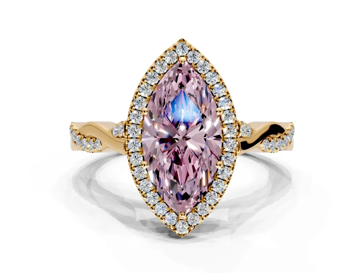 Halo Engagement Ring Setting for Fancy Pink Marquise Center with Twist Band and Prong Head in Yellow Gold