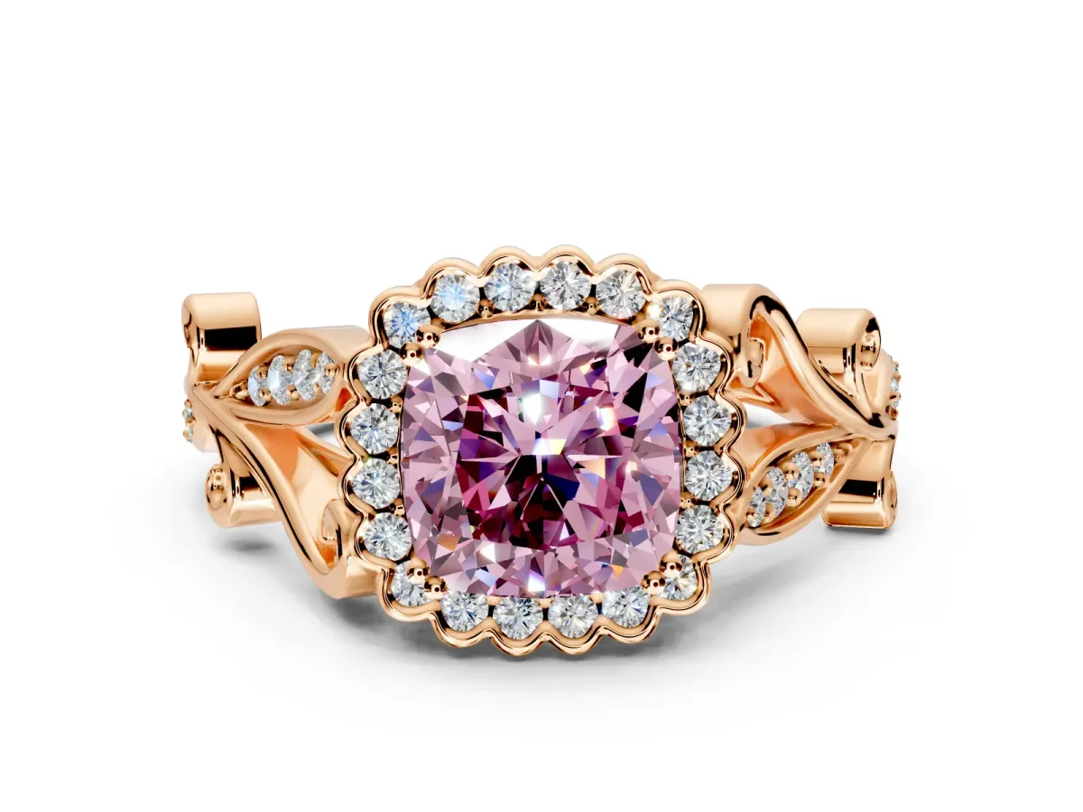 Halo Engagement Ring Setting for Fancy Pink Cushion Cut Center with Leaf Motif Split Shank and Prong Head in Rose Gold
