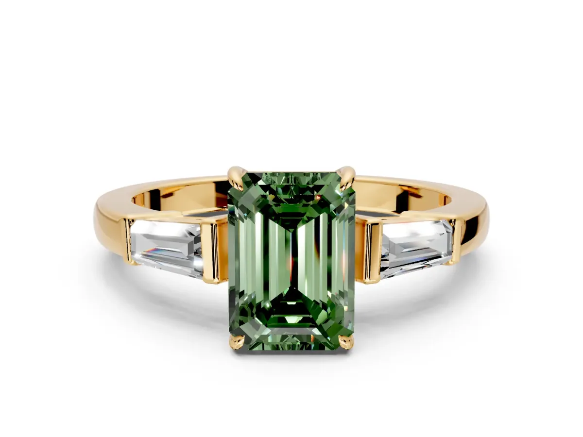 3 Stone Engagement Ring Setting for Fancy Green Emerald Cut Center with Baguette Accents and Prong Head in Yellow Gold