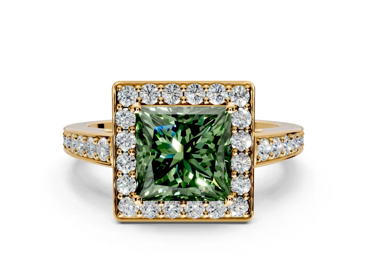 Bezel-Framed Halo Engagement Ring Setting for Fancy Green Princess Cut Center with Pave Band and Prong Head in Yellow Gold