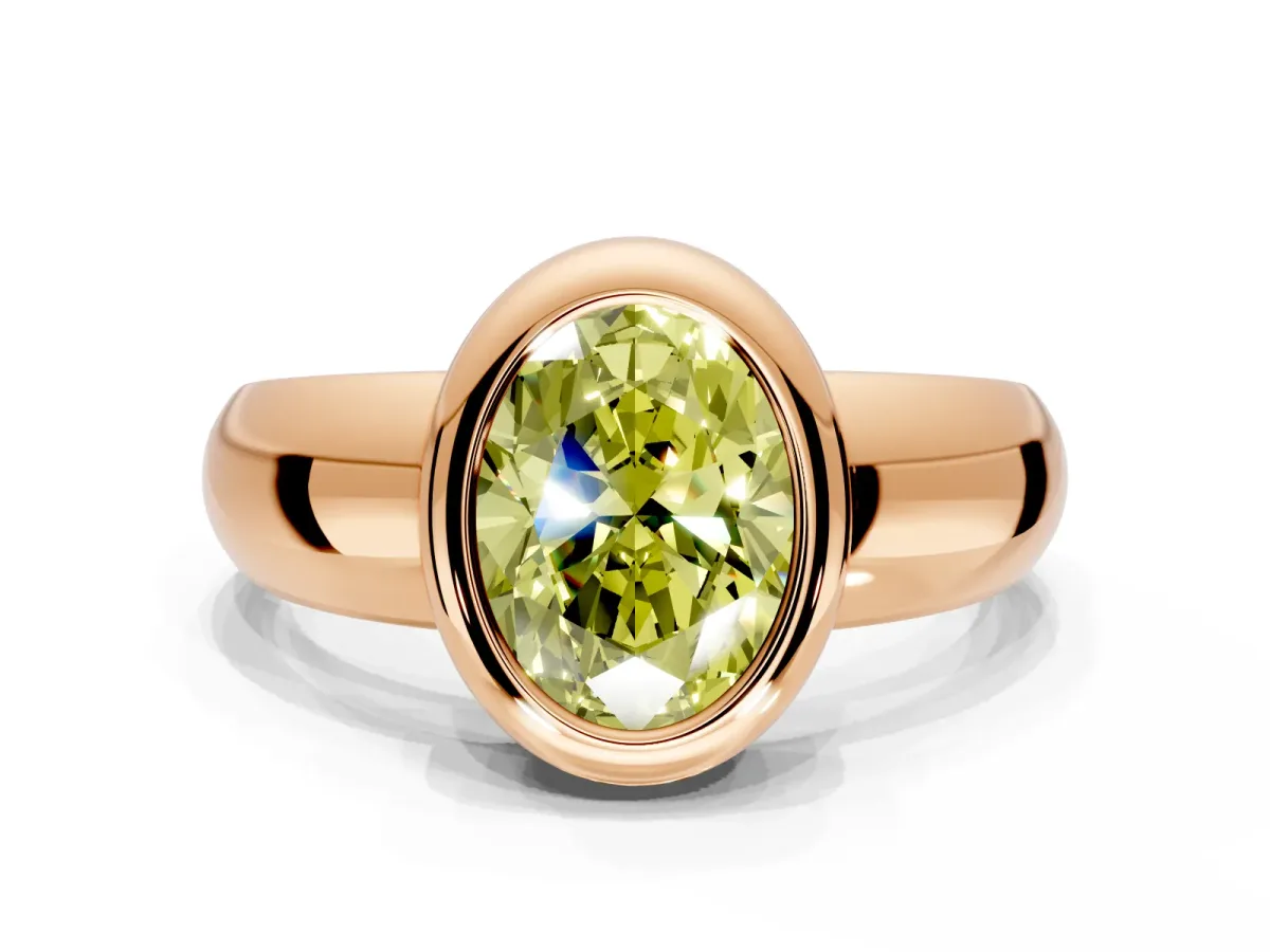 Solitaire Engagement Ring Setting for Fancy Yellow Oval Center with Wide Band and Bezel Head in Rose Gold