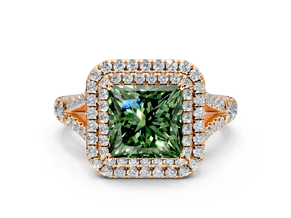 Double Halo Engagement Ring Setting for Fancy Green Princess Cut Center with Narrow Pave Split Shank and Prong Head in Rose Gold