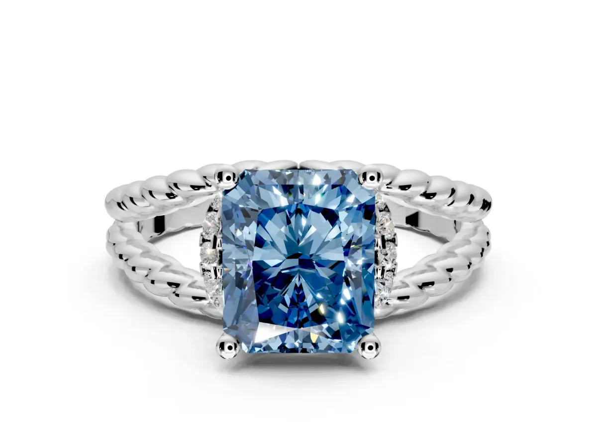 Halo Engagement Ring Setting for Fancy Blue Radiant Cut Center with Rope Twist Split Shank and Prong Head in White Gold