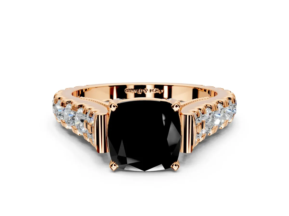 Solitaire Engagement Ring Setting for Fancy Black Cushion Cut Center with Pave Cathedral Shoulders and Prong Head in Rose Gold