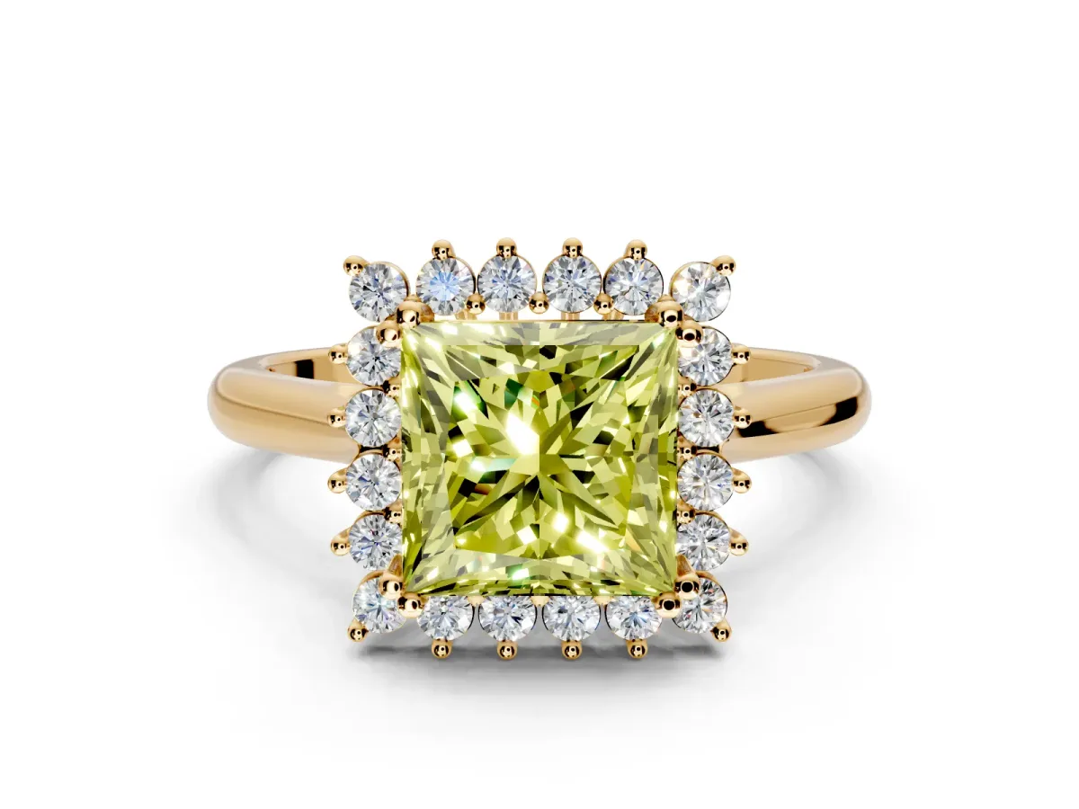 Starburst Halo Engagement Ring Setting for Fancy Yellow Princess Cut Center with Thin Round-Wire Band and Prong Head in Yellow Gold