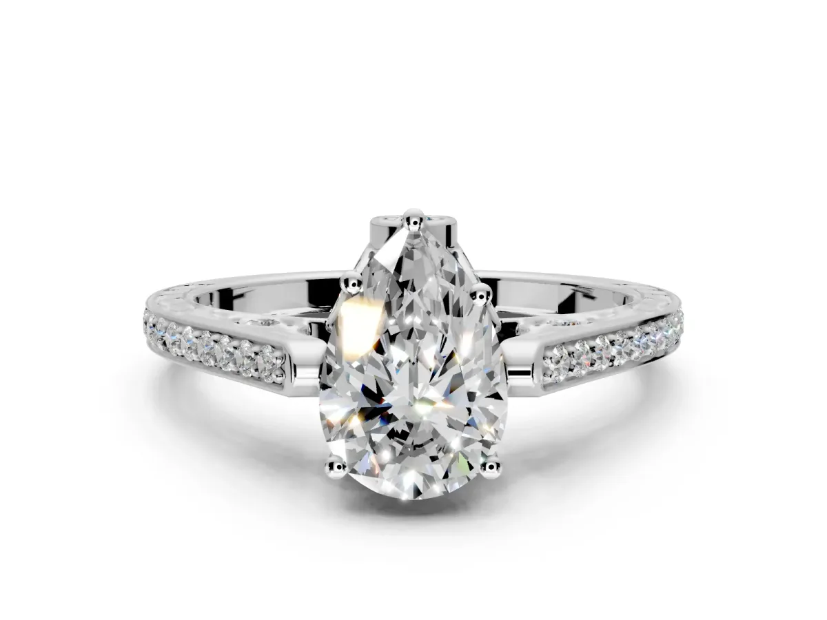 Cathedral Engagement Ring Setting for Pear-Shaped Center with Antique-Style Pave Band and Prong Head in Sterling Silver
