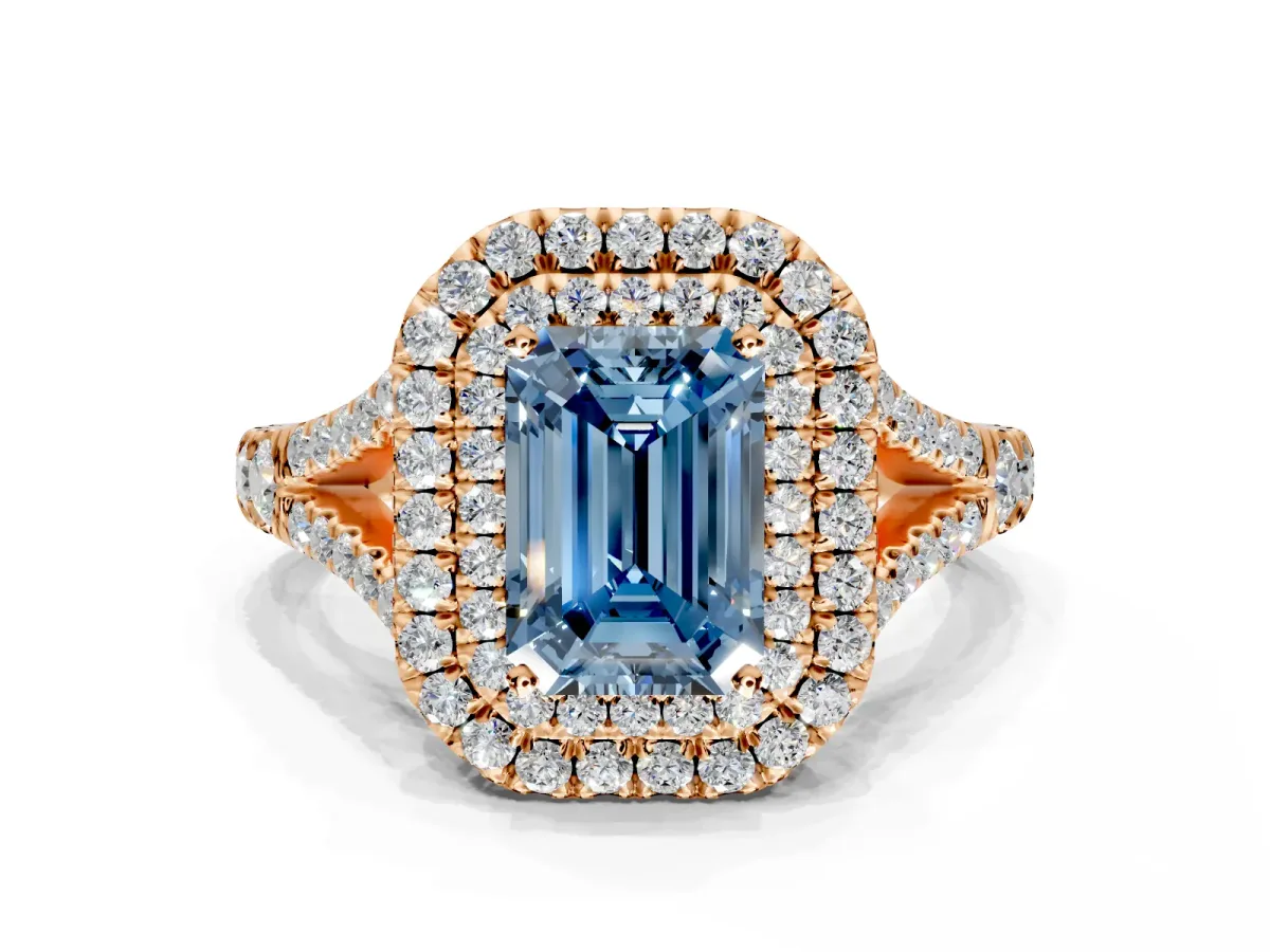 Double Halo Engagement Ring Setting for Fancy Blue Emerald Cut Center with Narrow Pave Split Shank and Prong Head in Rose Gold