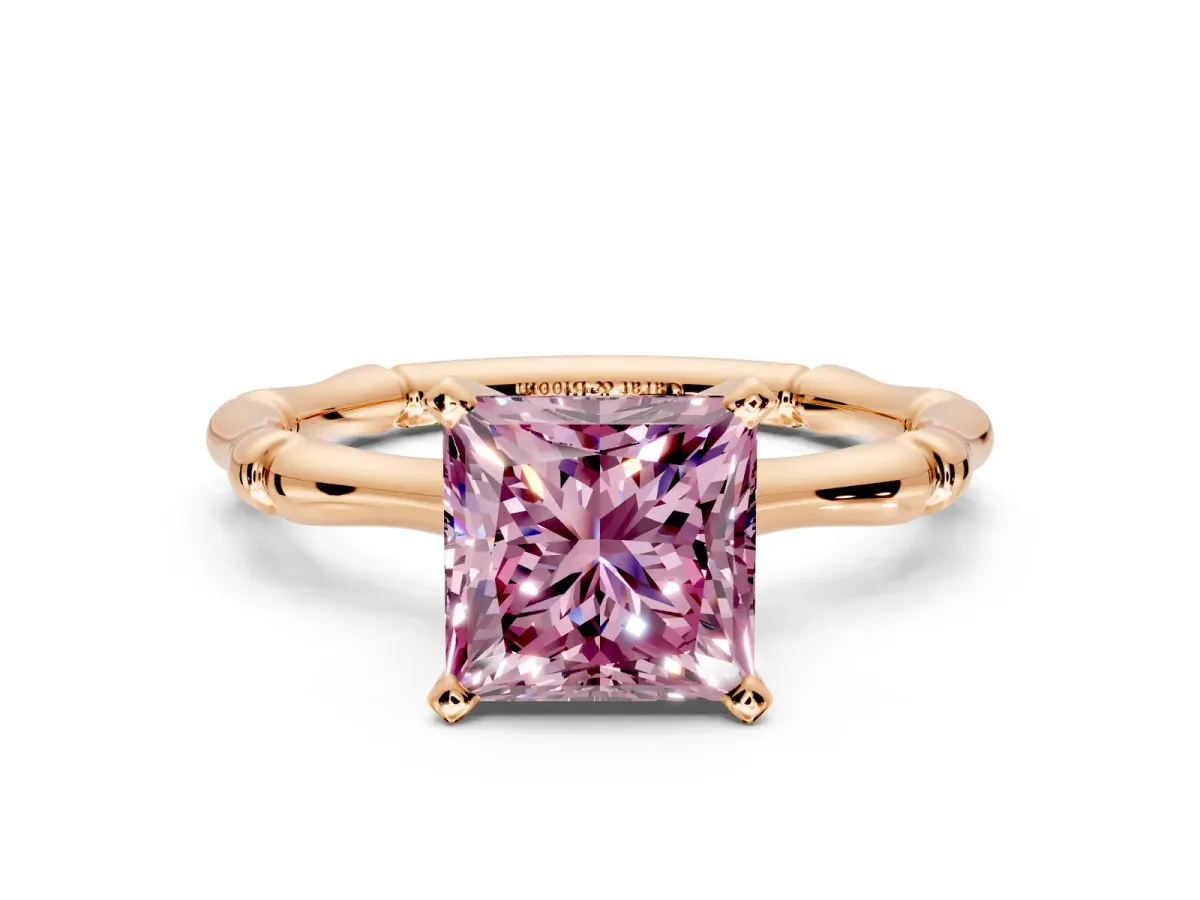 Solitaire Engagement Ring Setting for Fancy Pink Princess Cut Center with Bamboo Band and Prong Head in Rose Gold
