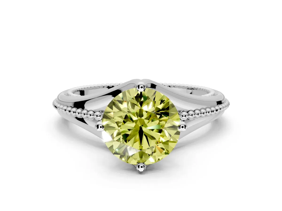 Solitaire Engagement Ring Setting for Fancy Yellow Round Cut Center with Milgrain Cathedral Band and Prong Head in Platinum
