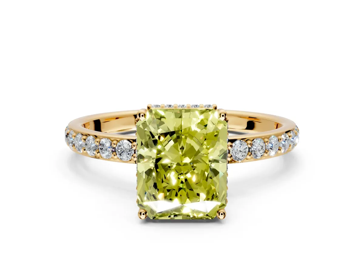 Hidden Halo Engagement Ring Setting for Fancy Yellow Radiant Cut Center with Pave Band and Prong Head in Yellow Gold