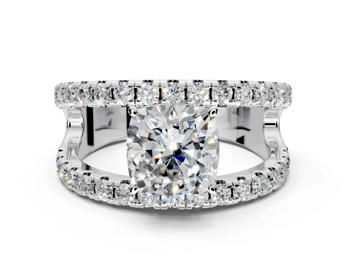 Solitaire Engagement Ring Setting for Cushion Cut Center with Wide-Open Split Shank and Prong Head in Sterling Silver
