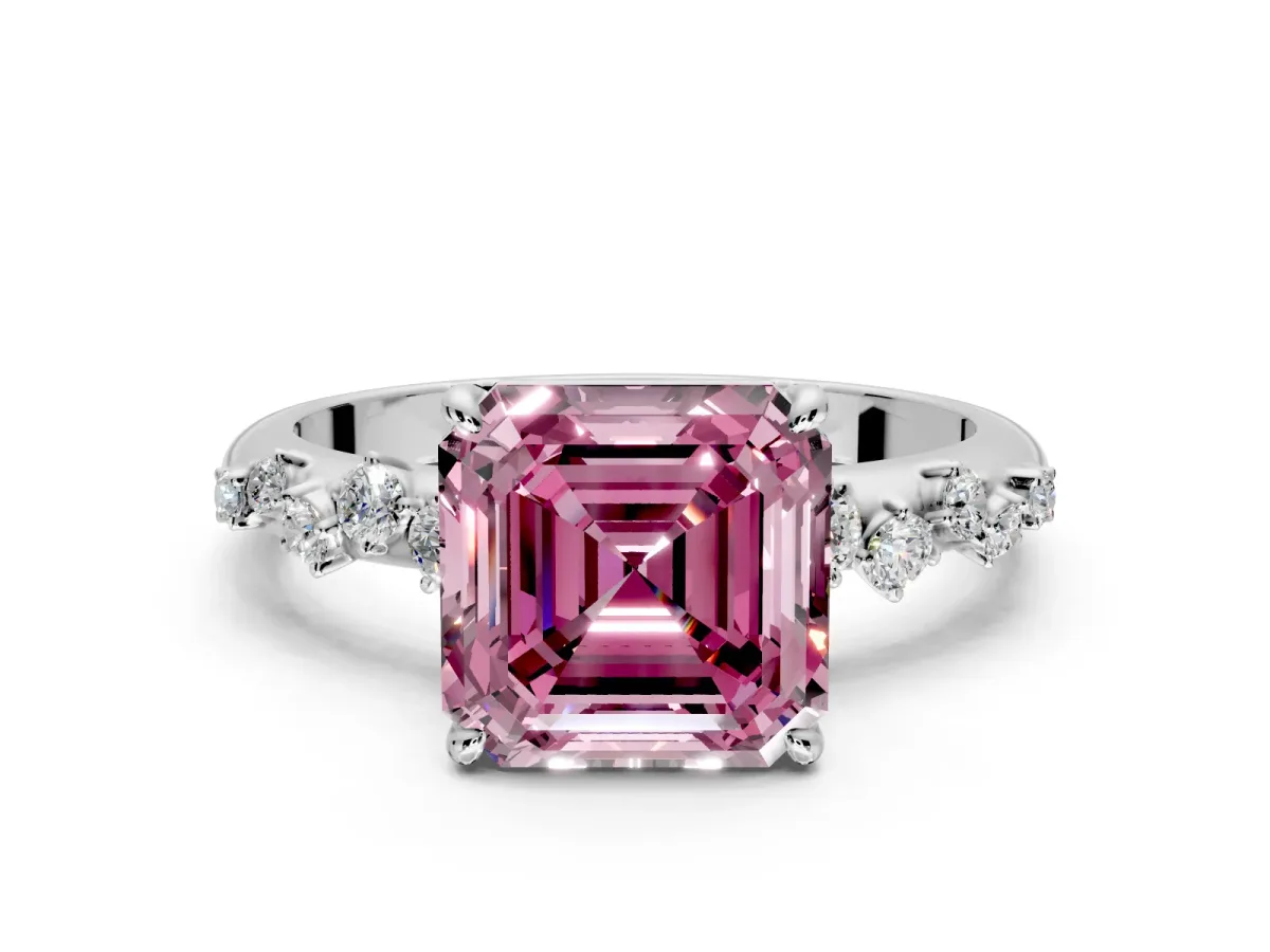 Cluster Engagement Ring Setting for Fancy Pink Asscher Cut Center with Round Cut Accent Band and Prong Head in Sterling Silver