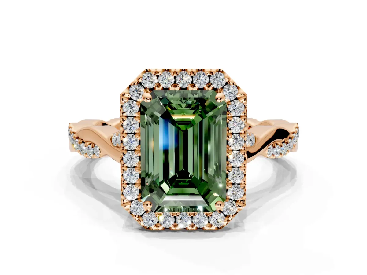 Halo Engagement Ring Setting for Fancy Green Emerald Cut Center with Twist Band and Prong Head in Rose Gold
