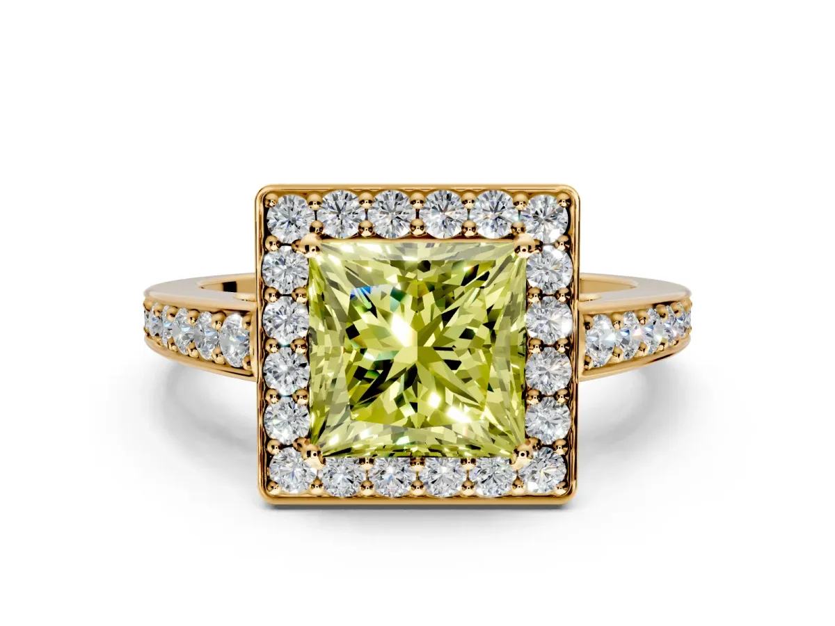 Bezel-Framed Halo Engagement Ring Setting for Fancy Yellow Princess Cut Center with Pave Band and Prong Head in Yellow Gold